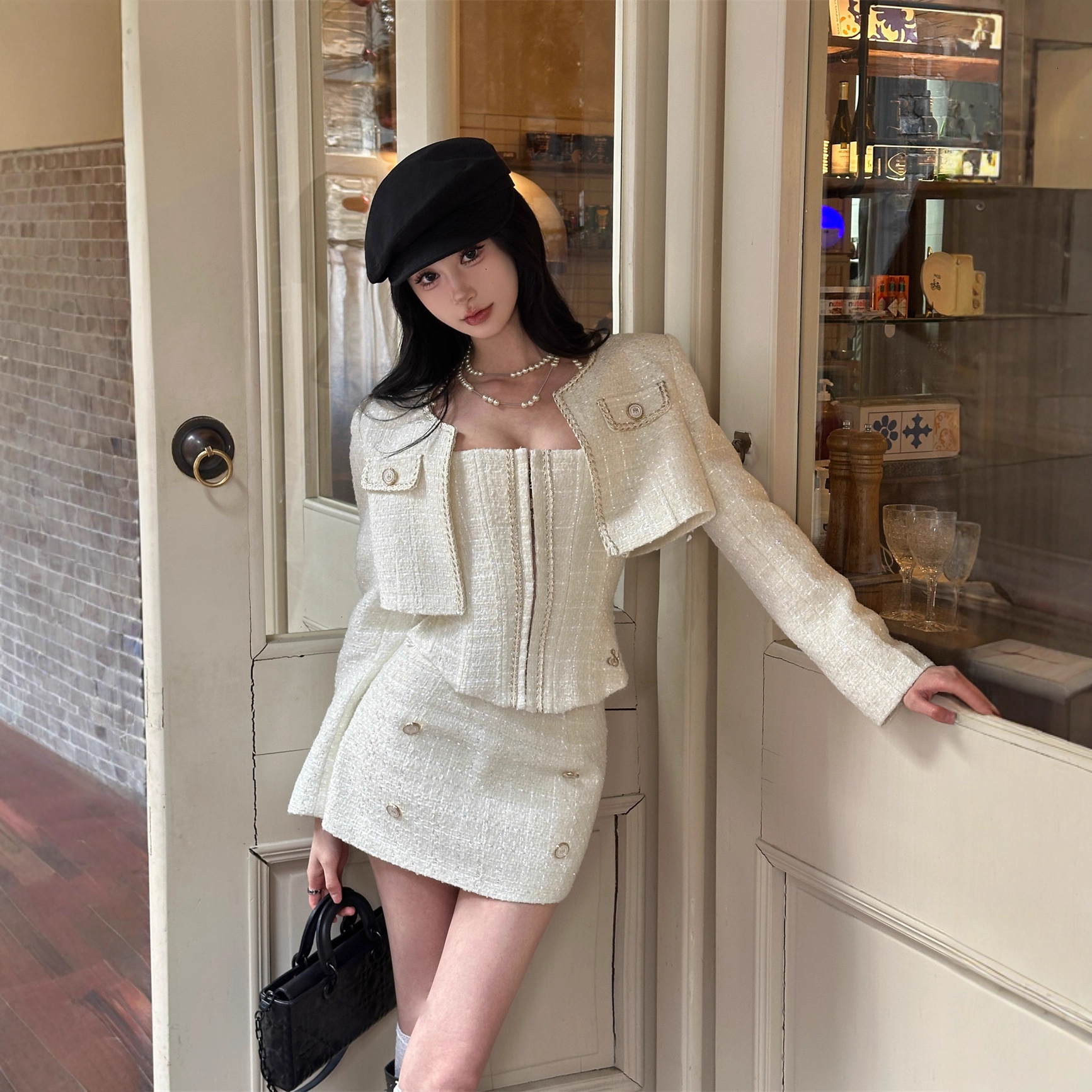 Tweed Three Piece Set Long Sleeve Cropped Jacket Tube Top and Mini Skirt Elegant French Style Co Ord for Women Fall Winter Preppy Chic Party Workwear