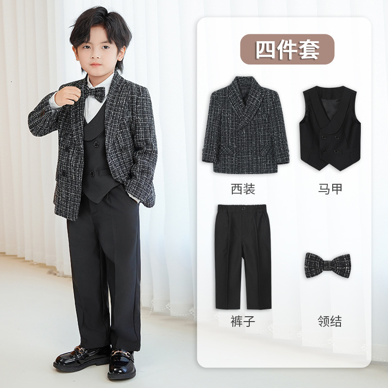 Childrens Houndstooth Formal Suit Set Boys Wedding Birthday Party Champagne Costume Kids Double Breasted Blazer Pants Clothes 241106