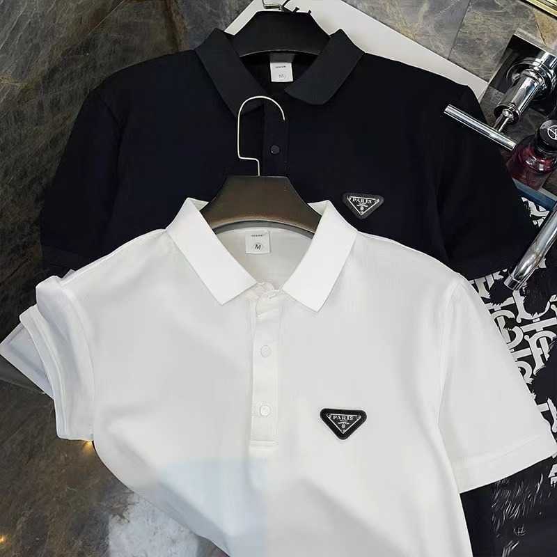 American and European minimalist mens short-sleeve polo shirt high-end light luxury turn-down collar half-sleeve tee gold-embossed solid color Europea