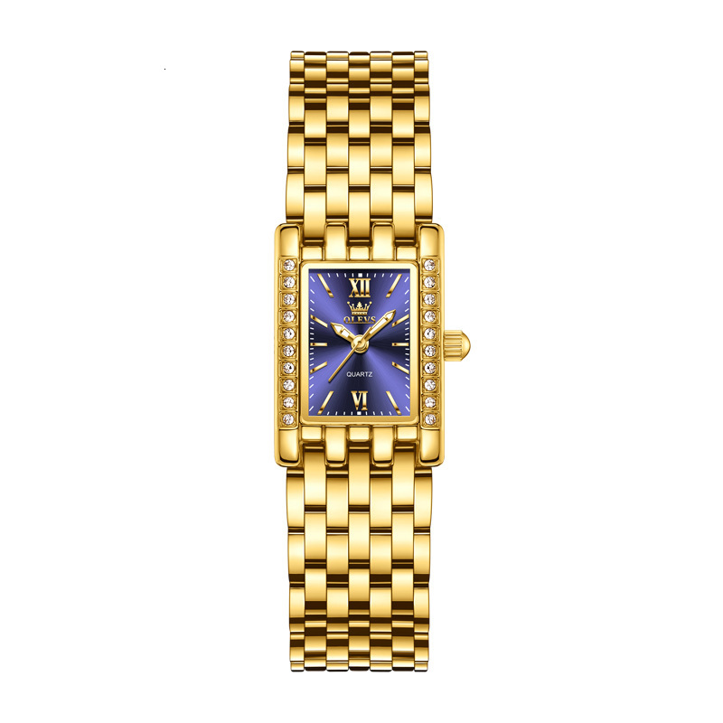 OLEVS Gold Tone Rectangle Crystal Bezel Designer Watch Ladies Quartz Waterproof Elegant Dress Fashion Minimalist Lightweight Daily Party Bridal Analog