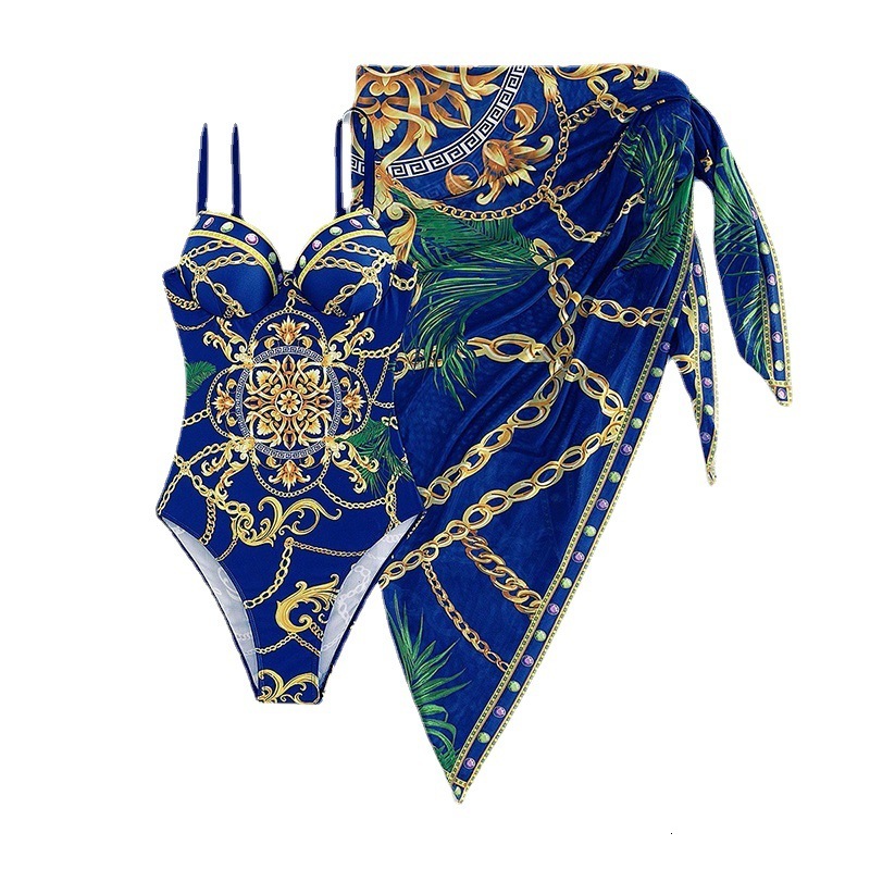 Baroque Print One Piece Swimsuit with Matching Cover Up Sarong Set Push Up Monokini Bathing Suit for Women Luxury Chain Print Beachwear for Vacation