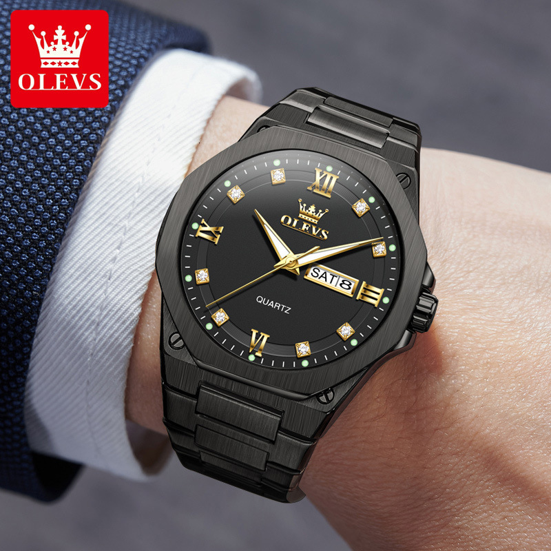 OLEVS Designer Men Quartz Watch Dual Calendar Stainless Steel Band Fashion Luminous Waterproof Minimalist Classic Casual Analog Wristwatch