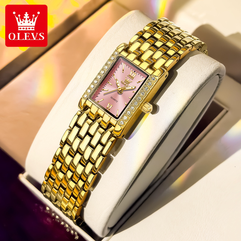 OLEVS Gold Tone Rectangle Crystal Bezel Designer Watch Ladies Quartz Waterproof Elegant Dress Fashion Minimalist Lightweight Daily Party Bridal Analog