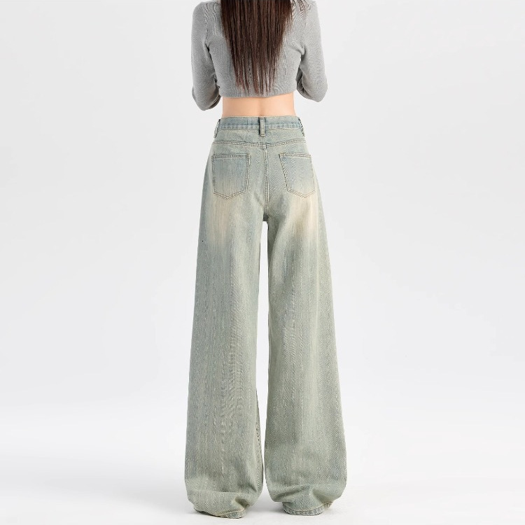 Light Colored High Street Wide Leg Designer Jeans For Women, 2026 New High Waisted Loose Fit Slimming Retro Drape Straight Leg Fashionable Floor Pants