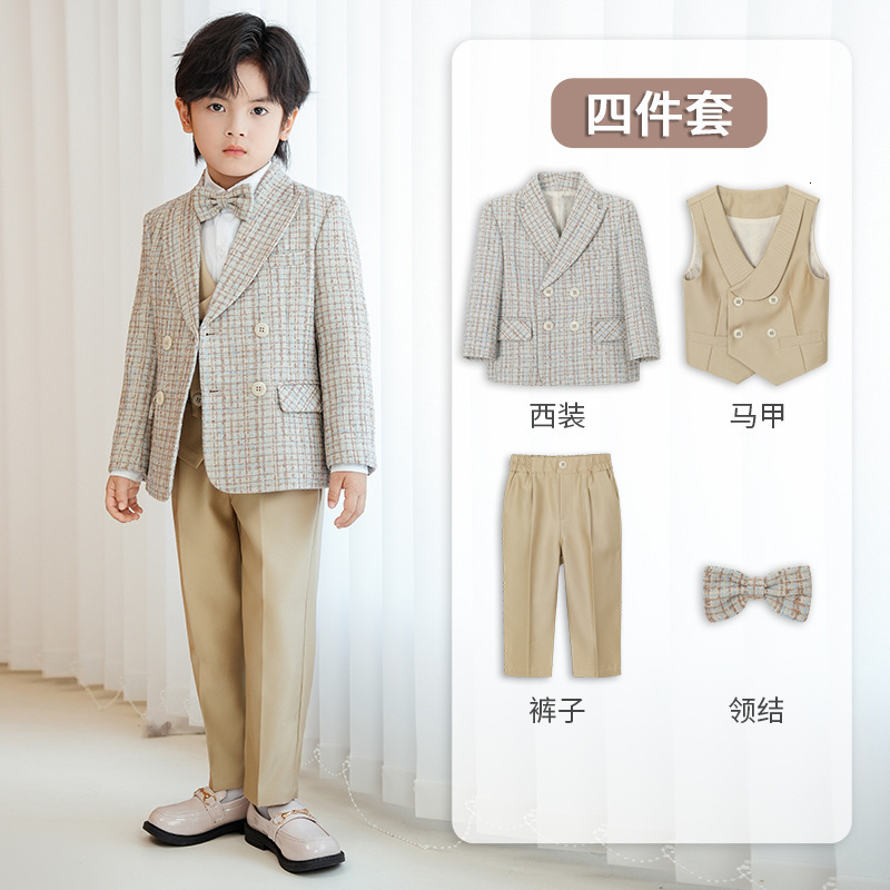 Childrens Houndstooth Formal Suit Set Boys Wedding Birthday Party Champagne Costume Kids Double Breasted Blazer Pants Clothes 241106