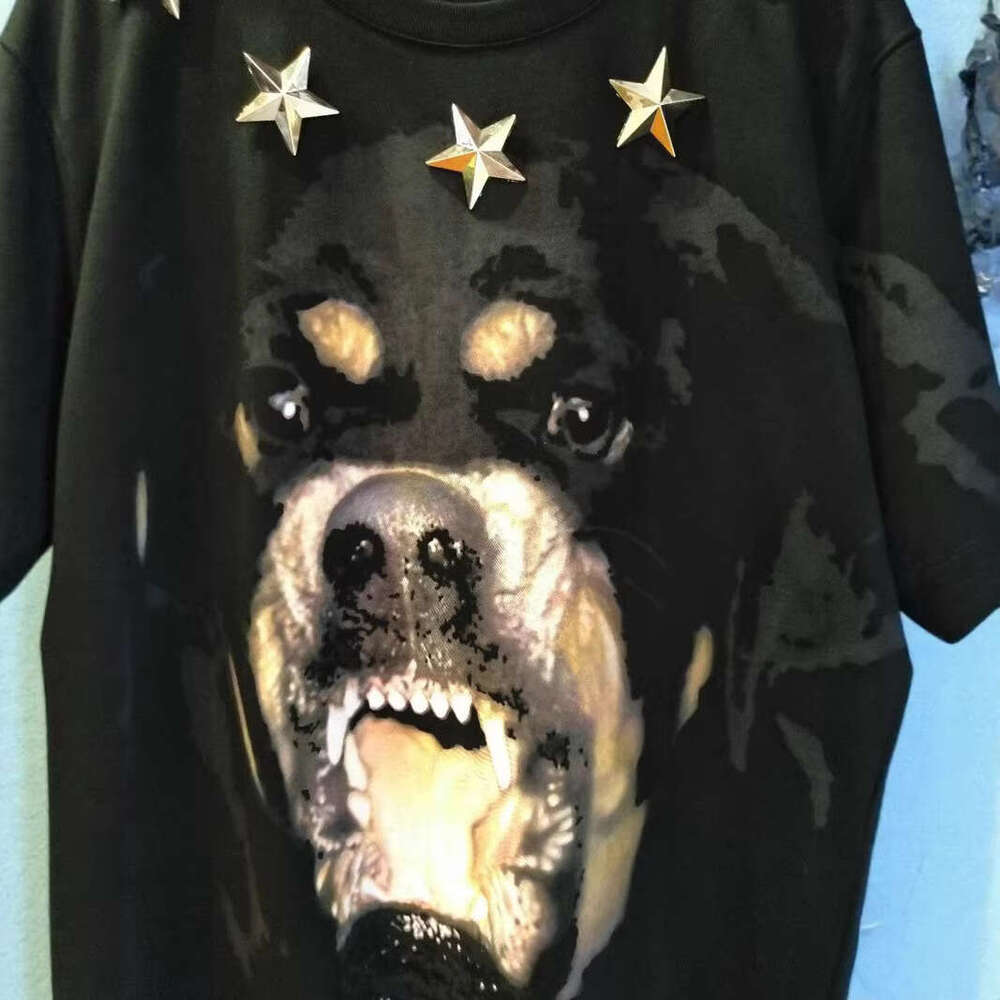 Fashionable Trendy Brand Metal Star Dog Head Print European American Men S T Shirt Loose And Versatile Short Sleeve Shirt