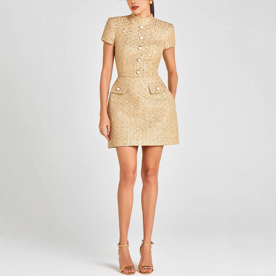 Sequin Tweed Mini Dress Stand Collar Short Sleeve Button Down Elegant Bodycon Dress for Women 2026 Fall Winter French Style Party Workwear Chic Outfit