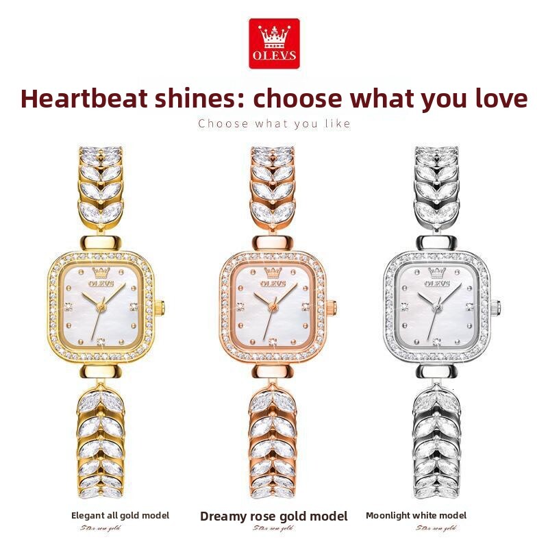 OLEVS Designer Women Watch Shiny Diamond Square Dial Leaf Crystal Bracelet Quartz Wristwatch Elegant Ladies Dress Jewelry Watch Waterproof Fashion Gif