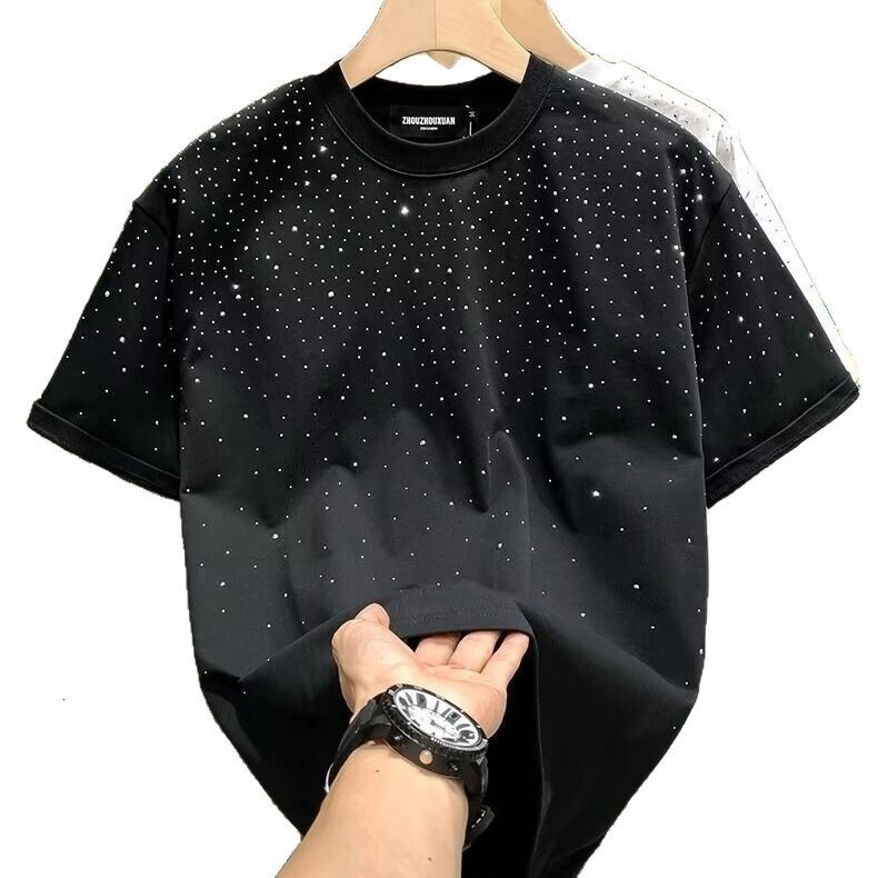 Summer European Station Fashion Trend Light Luxury Men's Short Star Rhinestone Celebrity Niche Half Sleeve T-Shirt