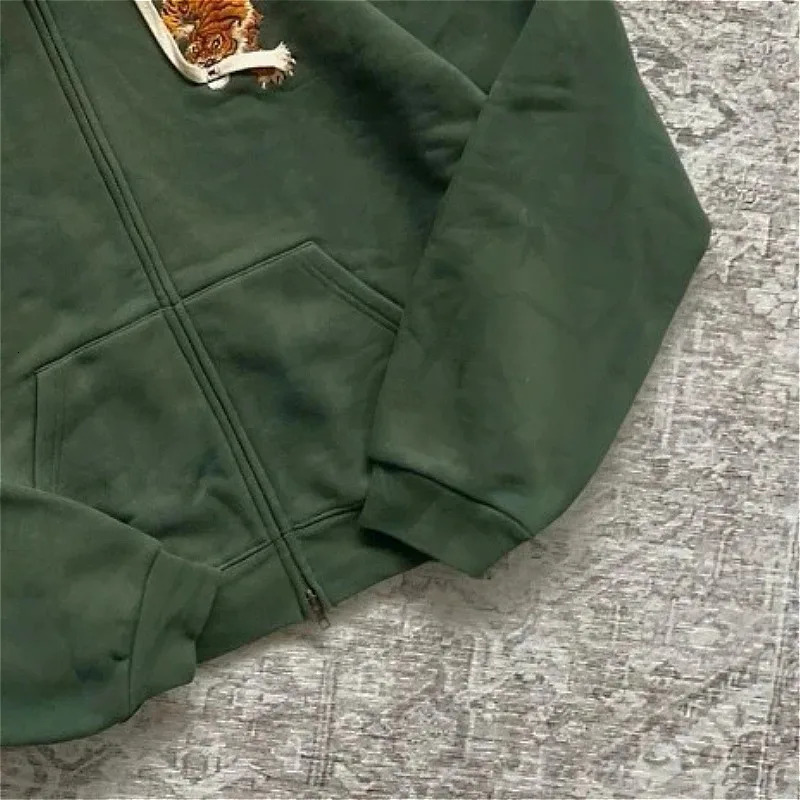 Y2K Vintage Harajuku Tiger Embroidered Zip Up Hoodie Retro Streetwear Green Hooded Sweatshirt Unisex Casual Oversized Jacket Top 260509