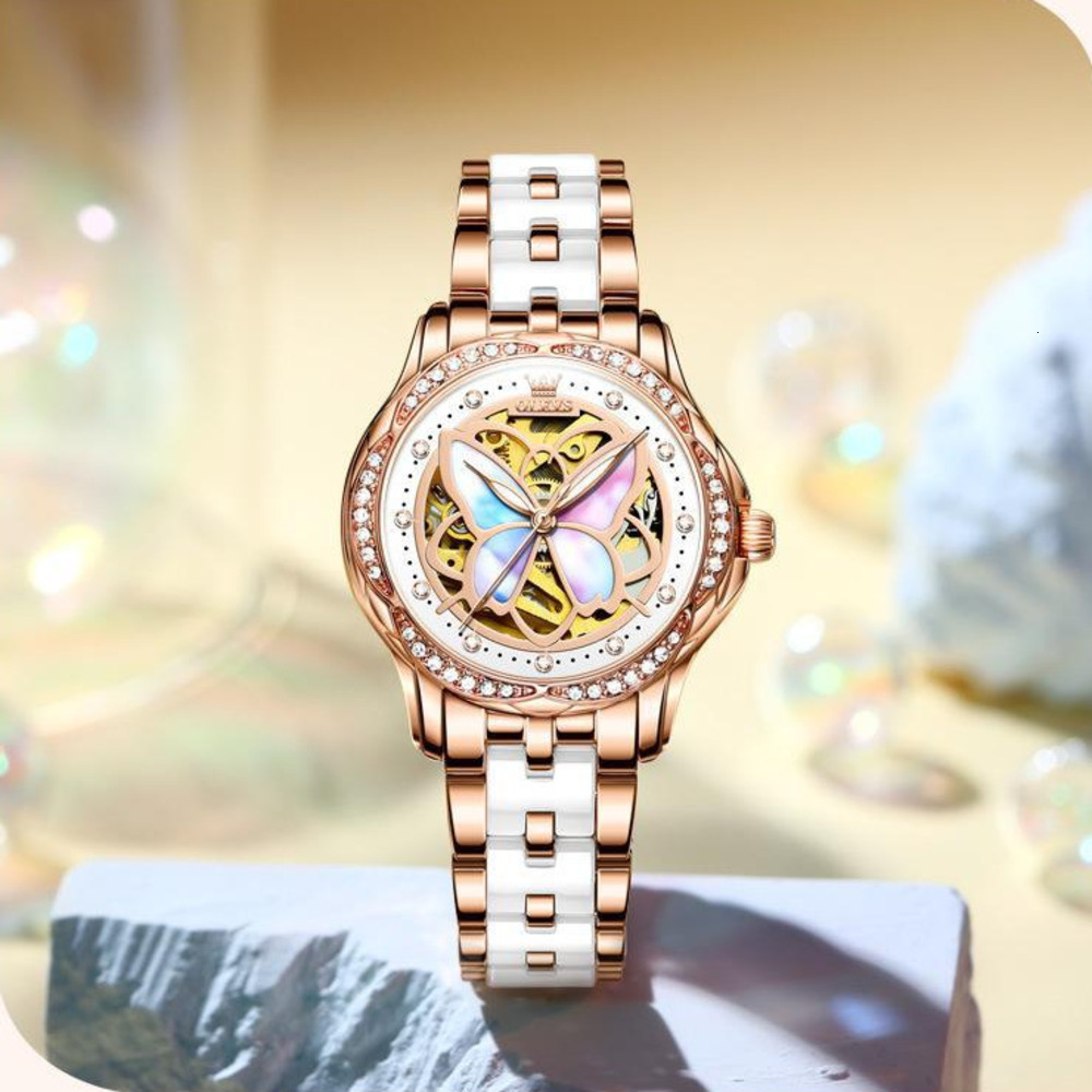 OLEVS Luxury Rose Gold Wristwatch Elegant Ladies Dress Watch Gift Set Designer Women Mechanical Watch Butterfly Skeleton Dial Diamond Inlaid Ceramic S