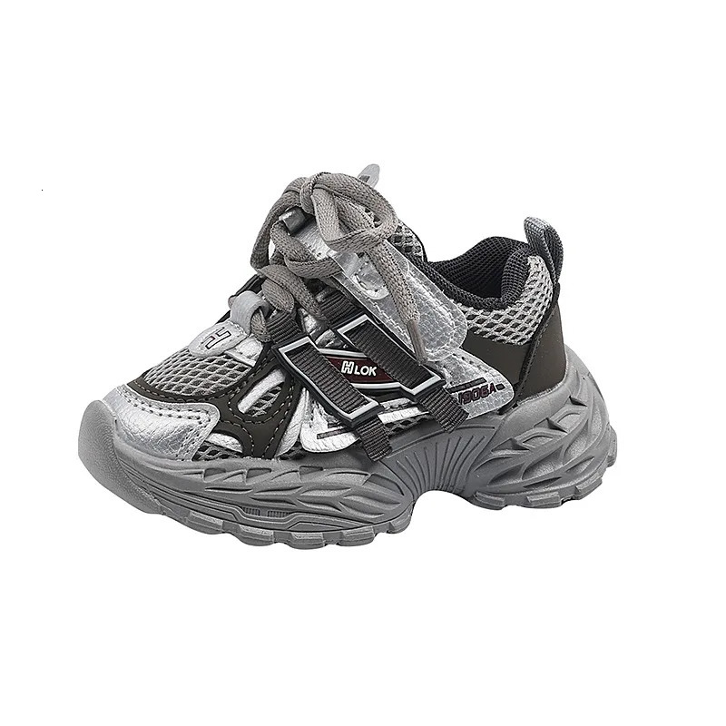 Children Sport Shoes Spring Autumn Kids Sneakers Soft Breathable Mesh Shoes Boys Girls Lace-up Running Shoes Gray Black 260508