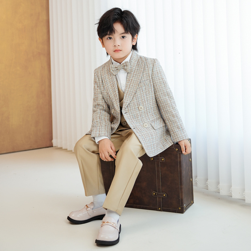 Childrens Houndstooth Formal Suit Set Boys Wedding Birthday Party Champagne Costume Kids Double Breasted Blazer Pants Clothes 241106