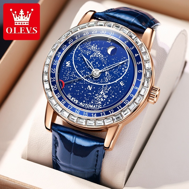OLEVS Luminous Luxury Business Casual Wristwatch for Men Gift Designer Men Automatic Mechanical Watch Starry Sky Dial Moon Phase Blue Leather Strap Wa