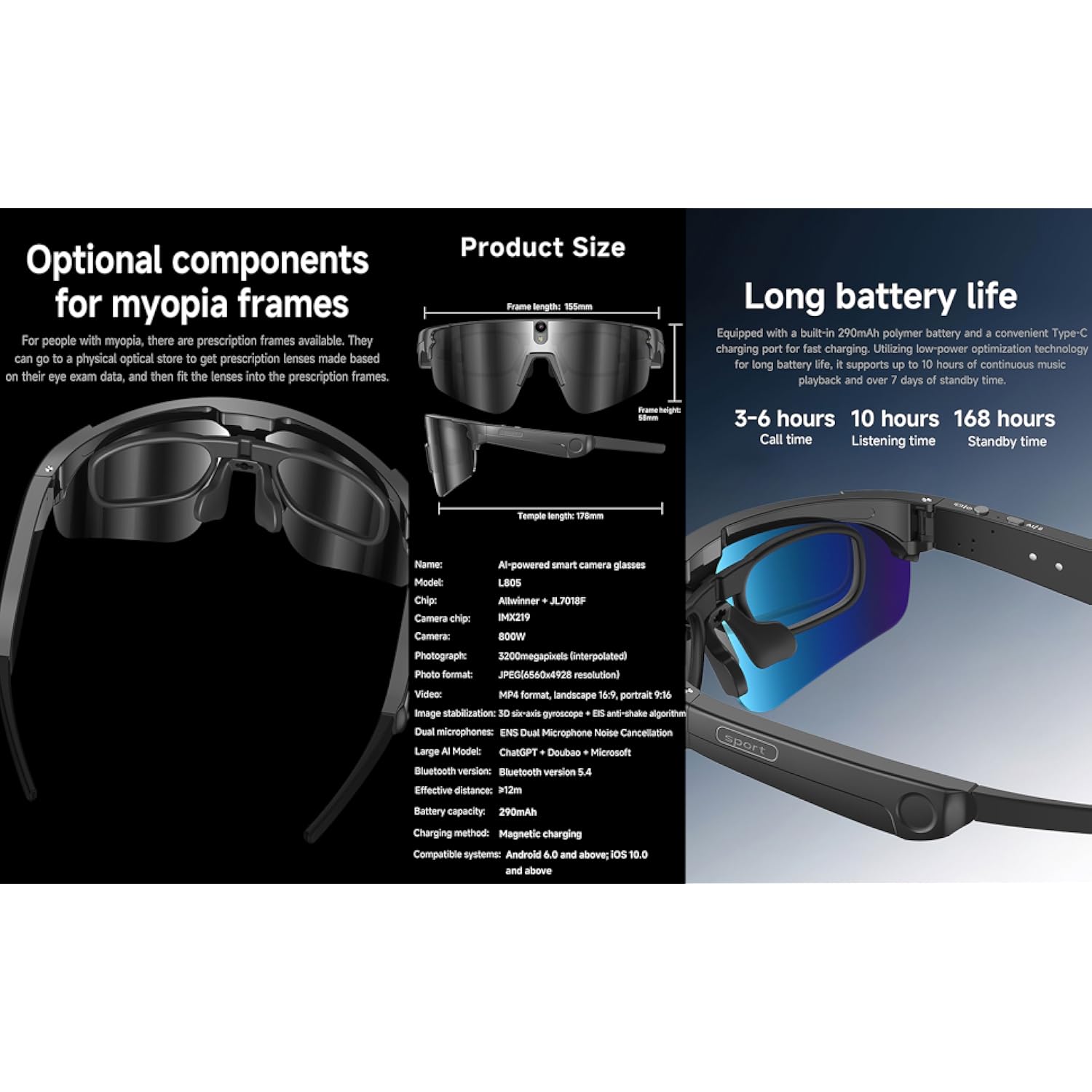 AI Glasses with HD 8MP Camera,Smart Glasses with 290 mAh,4K Video Camera Sunglasses with Smart Translation