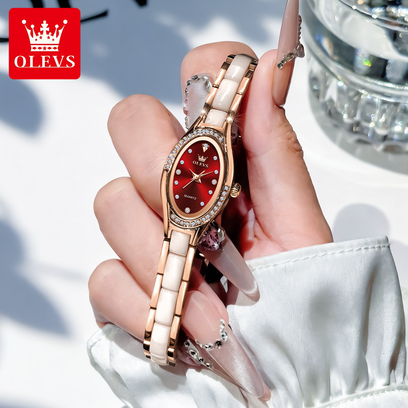 OLEVS Slim Oval Ceramic Quartz Designer Watch Waterproof Bling Crystal Luxury Dress Ladies Wristwatch Fashion Minimalist Daily Party Casual Trendy Hig