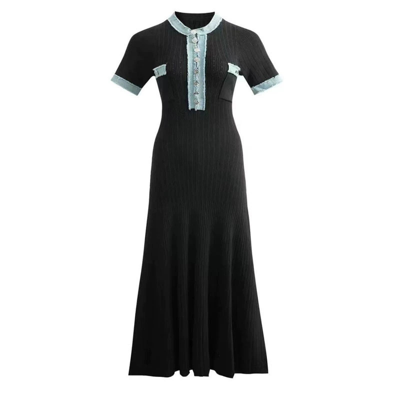 Casual Dresses Women's Elegant Knit Midi Dress, Contrast Blue Trim O-Neck Short Sleeve Bodycon Dress, Button Decor Casual Office Mermaid Long Dre