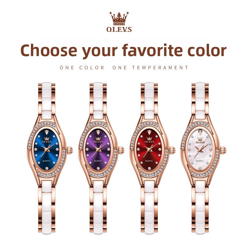 OLEVS Slim Oval Ceramic Quartz Designer Watch Waterproof Bling Crystal Luxury Dress Ladies Wristwatch Fashion Minimalist Daily Party Casual Trendy Hig