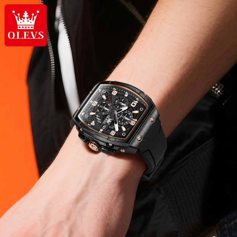 OLEVS Men's Luxury Watch Hollowed Out Multi-function Designer Watch Business Bucket Type Large Dial Silicon Tape Quartz Watch Waterproof Luminous