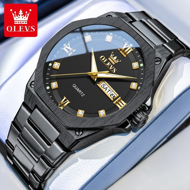 OLEVS Designer Men Quartz Watch Dual Calendar Stainless Steel Band Fashion Luminous Waterproof Minimalist Classic Casual Analog Wristwatch