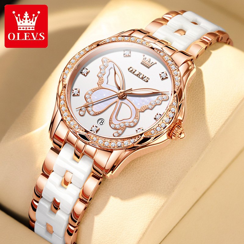 OLEVS Designer OLEVS Womens Luxury Quartz Watch Butterfly Pattern Diamond Inlaid Waterproof Ceramic Strap Elegant Wristwatch For Daily Wear