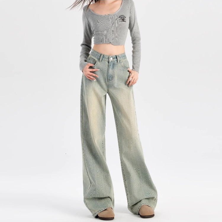 Light Colored High Street Wide Leg Designer Jeans For Women, 2026 New High Waisted Loose Fit Slimming Retro Drape Straight Leg Fashionable Floor Pants