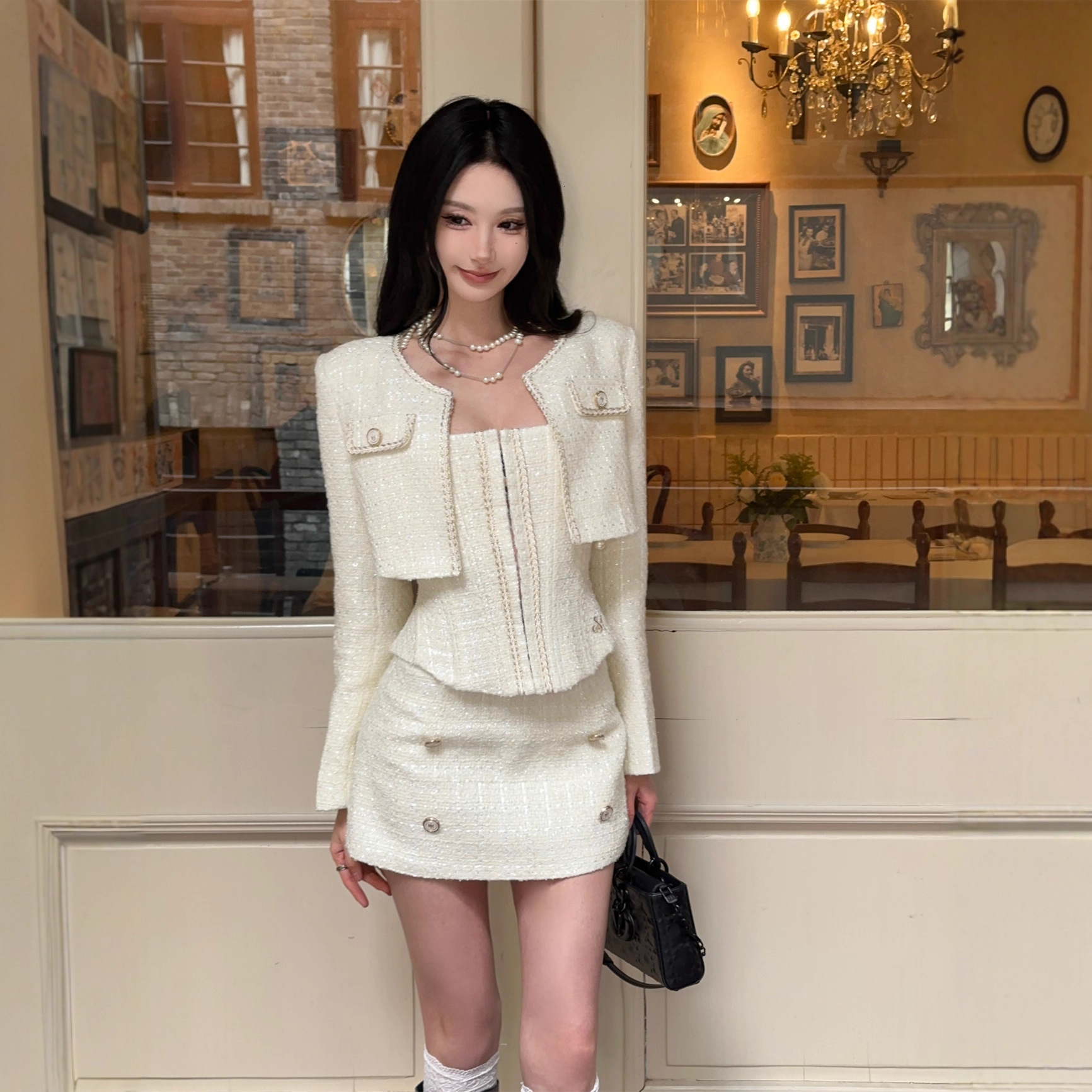 Tweed Three Piece Set Long Sleeve Cropped Jacket Tube Top and Mini Skirt Elegant French Style Co Ord for Women Fall Winter Preppy Chic Party Workwear