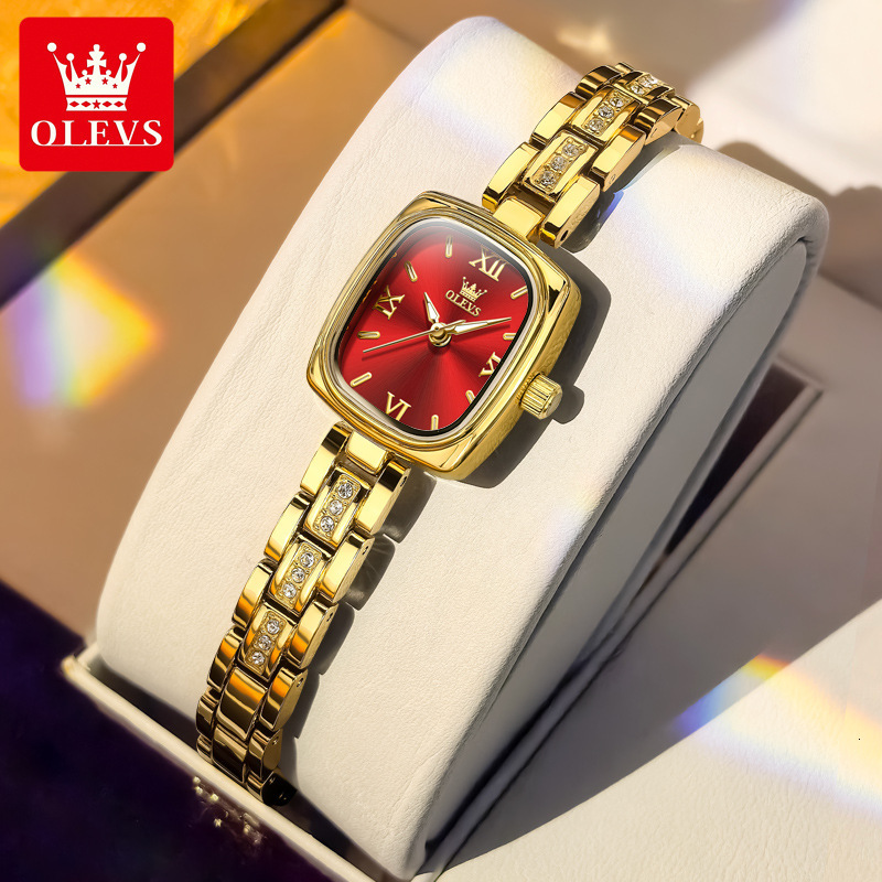 OLEVS Square Dial Gold Tone Designer Watch Quartz Waterproof Crystal Bracelet Ladies Wristwatch Elegant Dress Fashion Minimalist Lightweight Daily Par