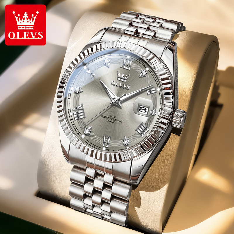 OLEVS Gold Tone Stainless Steel Designer Watch Single Date Waterproof Luminous Diamond Bezel Business Men Wristwatch Luxury Classic Casual Formal Dail
