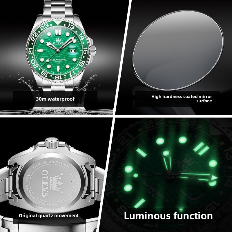 OLEVS Designer OLEVS Mens Quartz Watch Green Dial Rotating Bezel Luminous Date Waterproof Stainless Steel Casual Wristwatch For Men