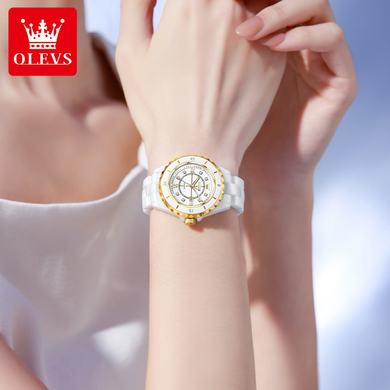 OLEVS Brand Designer Watch New Roman Bezel Ceramic Strap Fashionable Casual Waterproof Luminous Quartz Watch Women's Watch Women's Watch