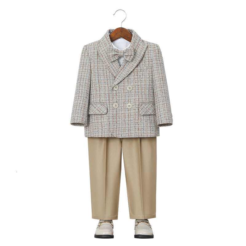 Childrens Houndstooth Formal Suit Set Boys Wedding Birthday Party Champagne Costume Kids Double Breasted Blazer Pants Clothes 241106