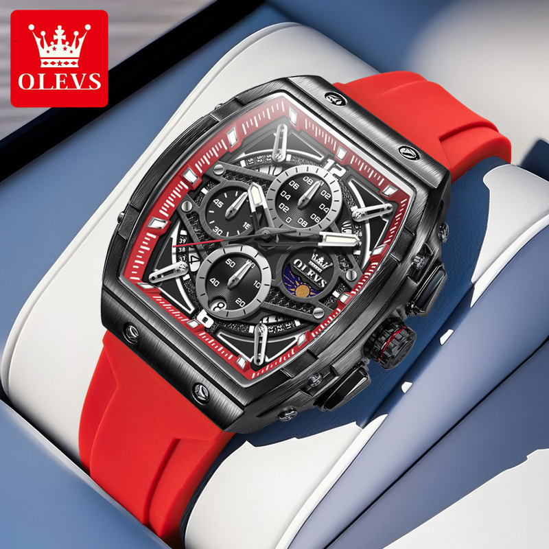 OLEVS Tonneau Skeleton Chronograph Designer Watch Silicone Strap Waterproof Luminous Sporty Men Wristwatch Shockproof Multifunctional Trendy Casual Da