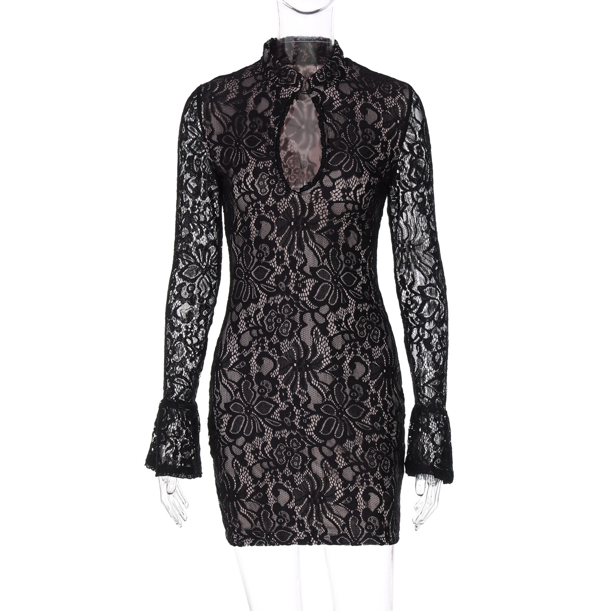 Women's Lace Bodycon Mini Dress High Neck with Keyhole Cutout, Long Flare Sleeve, Elegant Hollow Out Cocktail Party Dress