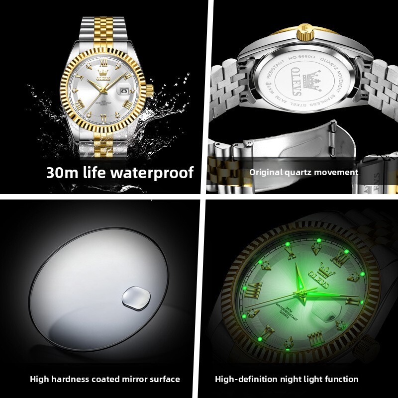 OLEVS Gold Tone Stainless Steel Designer Watch Single Date Waterproof Luminous Diamond Bezel Business Men Wristwatch Luxury Classic Casual Formal Dail