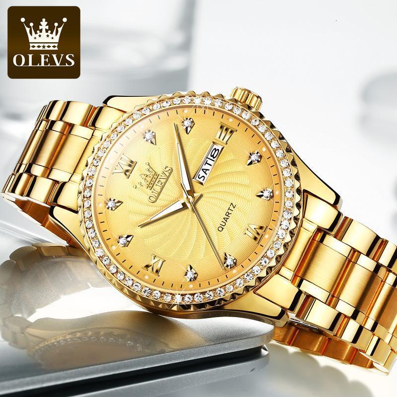 OLEVS Men's Luxury Diamond Studded Gold Designer Watch Business High-end Dual Calendar Night Light Waterproof Quartz Watch Men's Watch Men&#