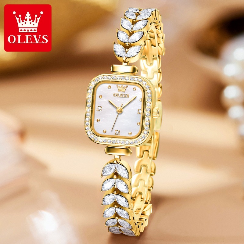 OLEVS Designer Women Watch Shiny Diamond Square Dial Leaf Crystal Bracelet Quartz Wristwatch Elegant Ladies Dress Jewelry Watch Waterproof Fashion Gif