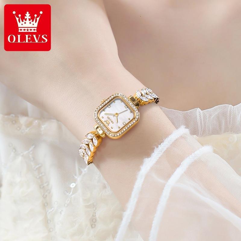 OLEVS Designer Women Watch Shiny Diamond Square Dial Leaf Crystal Bracelet Quartz Wristwatch Elegant Ladies Dress Jewelry Watch Waterproof Fashion Gif
