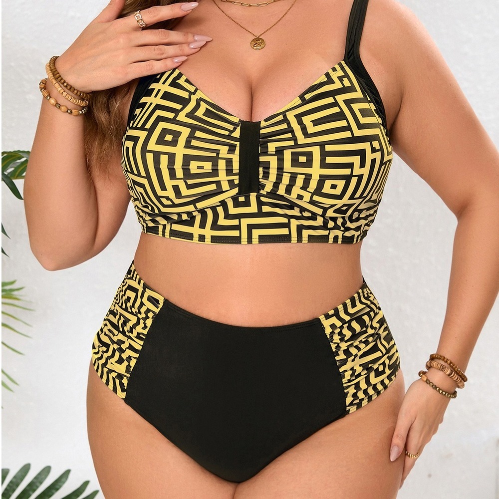 Plus Size Geometric Print Two Piece Bikini Set High Waisted Swimsuit for Women Retro Patchwork Bathing Suit for Beach Pool Party Vacation