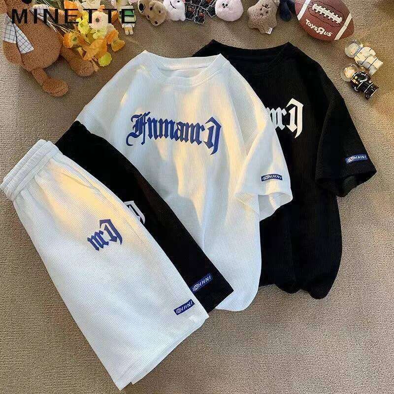 Waffle Casual Summer Ice Silk Short-sleeved Sports Clothes T-shirt Men's Clothing Set Matching 26L0509