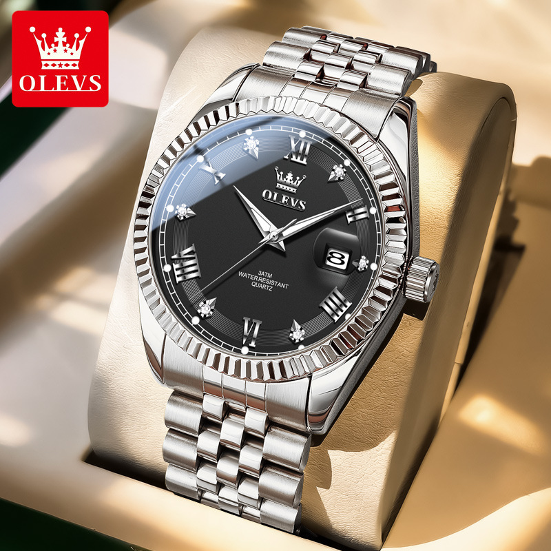 OLEVS Gold Tone Stainless Steel Designer Watch Single Date Waterproof Luminous Diamond Bezel Business Men Wristwatch Luxury Classic Casual Formal Dail