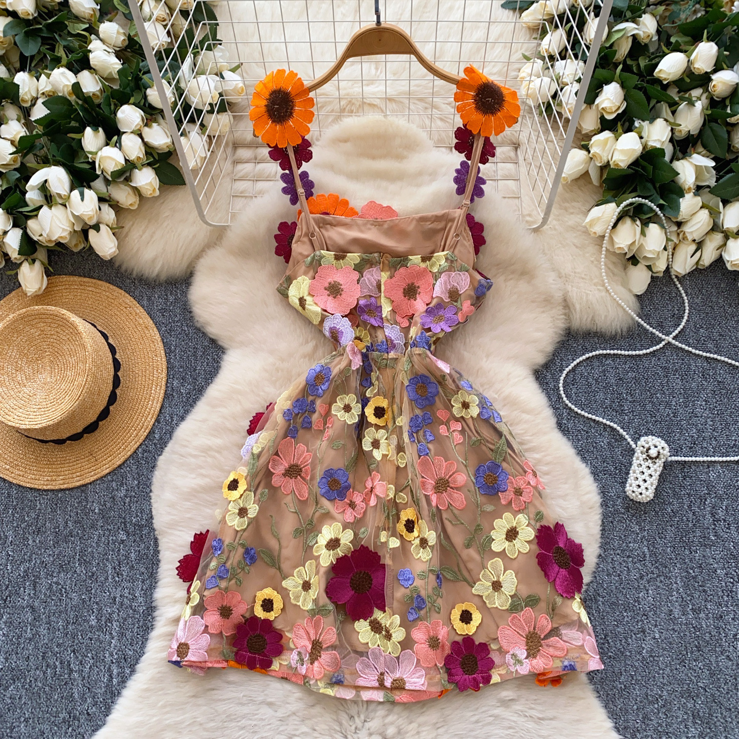 Floral Embroidery Tulle Cami Dress A Line Slim Fit Mini Dress for Women 2025 Summer French Style Party Casual Beach Vacation Outfit Bohemian Inspired 