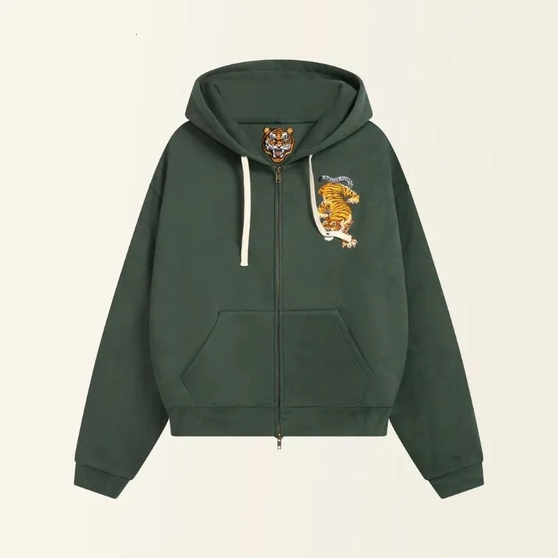 Y2K Vintage Harajuku Tiger Embroidered Zip Up Hoodie Retro Streetwear Green Hooded Sweatshirt Unisex Casual Oversized Jacket Top 260509
