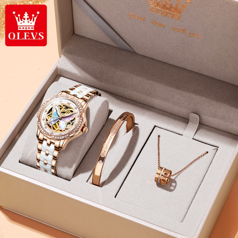 OLEVS Luxury Rose Gold Wristwatch Elegant Ladies Dress Watch Gift Set Designer Women Mechanical Watch Butterfly Skeleton Dial Diamond Inlaid Ceramic S