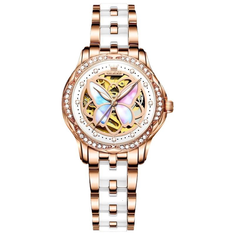 OLEVS Luxury Rose Gold Wristwatch Elegant Ladies Dress Watch Gift Set Designer Women Mechanical Watch Butterfly Skeleton Dial Diamond Inlaid Ceramic S