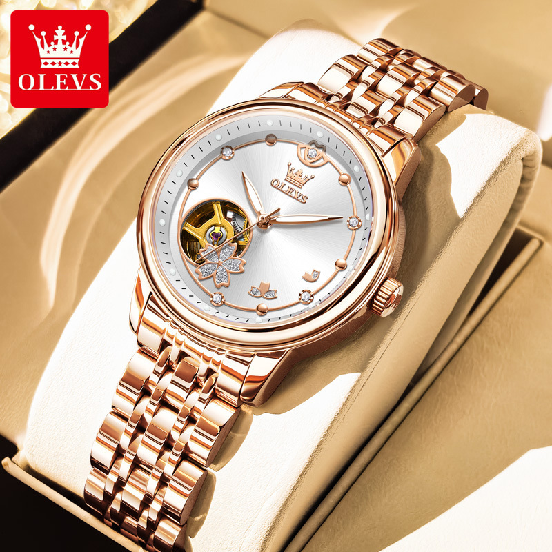 OLEVS Ladies' Classic Brand Watch New Retro Designer Hollow Ruby Mechanical Watch Waterproof Suitable For Parties And Weddings Ladies' Watch