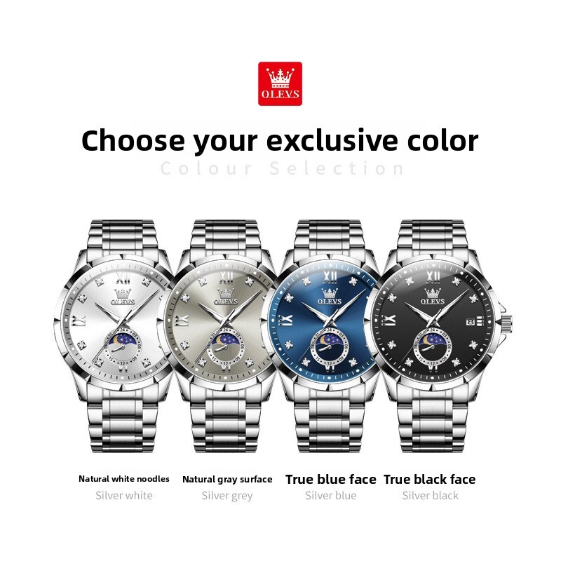 OLEVS Designer OLEVS Mens Quartz Watch Single Calendar Moon Phase Stainless Steel Waterproof Luminous Casual Business Wristwatch For Men All Occasions