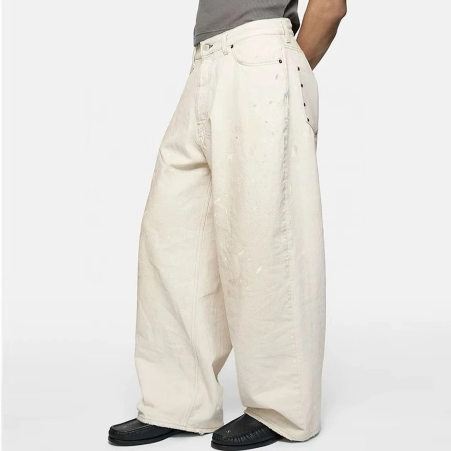High Street Dirty Mud Splatter Baggy Jeans for Men Solid Color Loose Straight Rivet Pocket Washed White Denim Trousers Oversize
