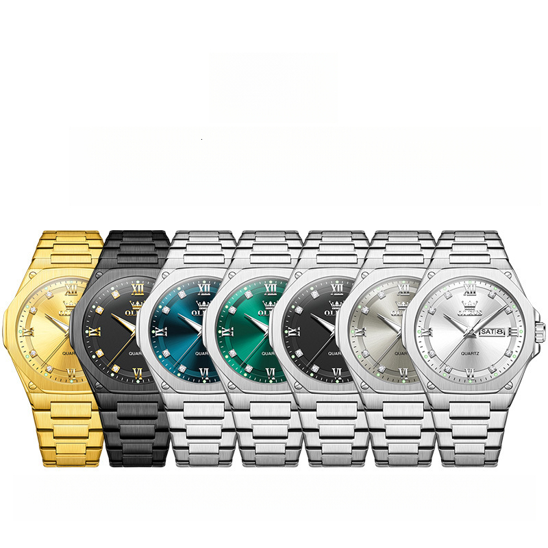 OLEVS Designer Men Quartz Watch Dual Calendar Stainless Steel Band Fashion Luminous Waterproof Minimalist Classic Casual Analog Wristwatch