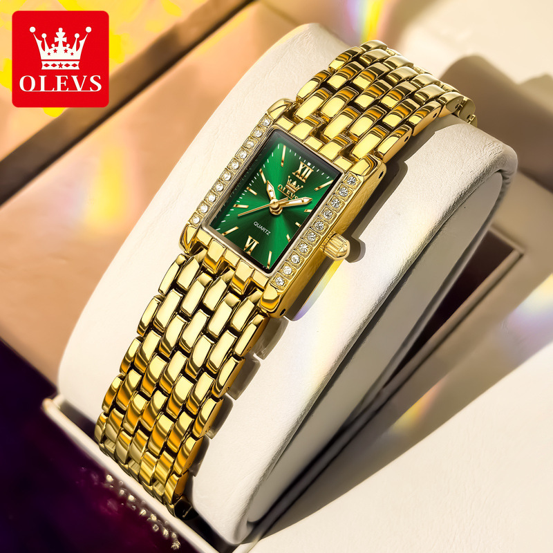 OLEVS Gold Tone Rectangle Crystal Bezel Designer Watch Ladies Quartz Waterproof Elegant Dress Fashion Minimalist Lightweight Daily Party Bridal Analog